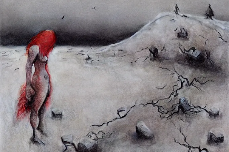 Image similar to a surrealist painting of a lonely woman with pale skin and red hair, standing over pile of bodies in post apocalyptic snowy landscape, painted by zdzisław beksinski