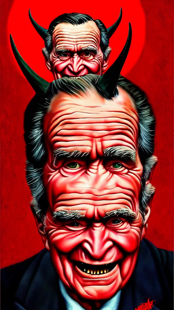 Image similar to demonic george hw bush with red horns, painting in the style of norman rockwell, 1 9 5 0 s, evil, satan, devil, demonic, demon, hyperrealistic, photorealistic, award - winning, 4 k, ultra hd, artstation, intricate, highly detailed, american, usa, dark, gritty