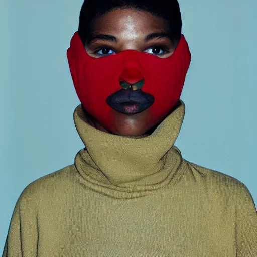 Image similar to realistic! photoshoot for a new balenciaga lookbook, color film photography, portrait of a beautiful woman wearing a balaclava puffer mask, photo in style of tyler mitchell, 35mm lens