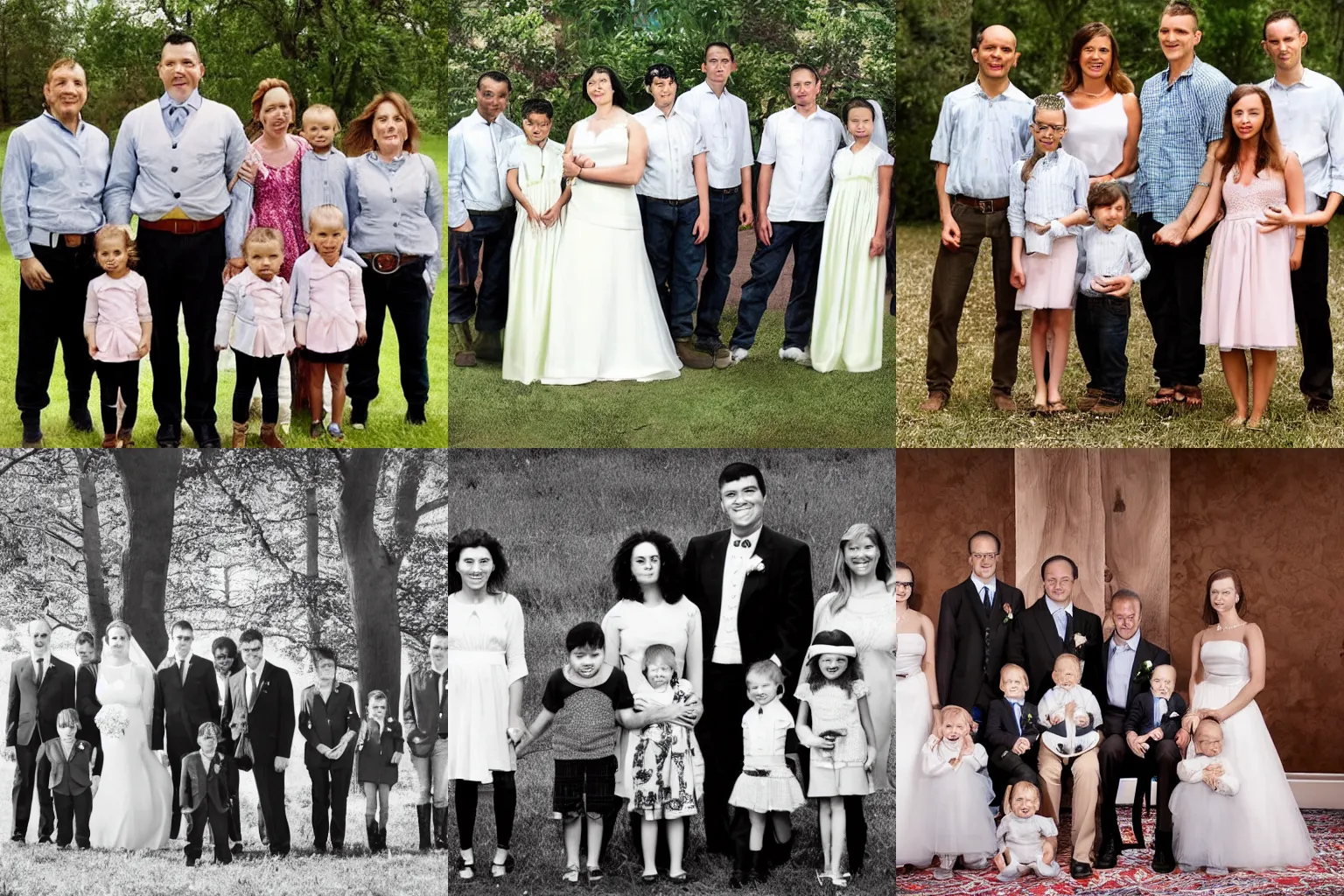 Prompt: photograph of identical twins married to other identical twins and their children