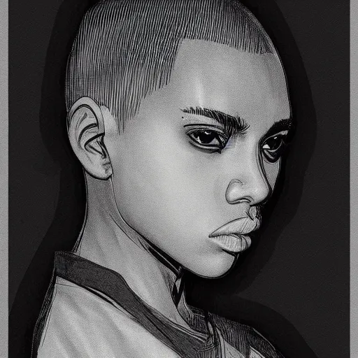 Image similar to kanye west, anime style, fashion clothing, shoulder eyes, last exile anime, symmetrical facial features, from arknights, hyper realistic, 4 k, rule of thirds, extreme detail, detailed drawing, trending artstation, realistic lighting, by alphonse mucha, greg rutkowski, short neck