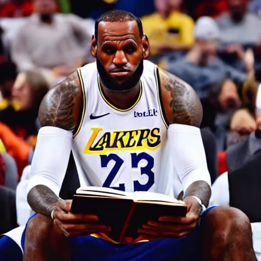 Image similar to professional close up shot photograph of lebron james reading a book while in an nba game, wearing nba jersey, standing, award - winning photograph, clear image, as seen on getty images, smooth