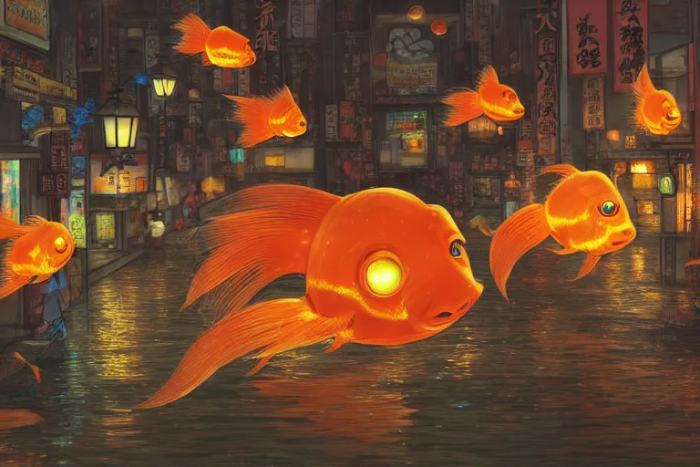 Prompt: fantasy art of glowing goldfish swimming in the air, in the streets of a japanese town at night, with people watching in wonder, by hayao miyazaki, highly detailed digital art, trending on artstation