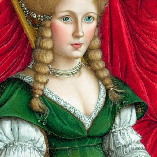 Prompt: a close up portrait of a germanic princess with blonde hair and blue eyes sitting on a wooden throne. she wears a green and red dress. highly detailed