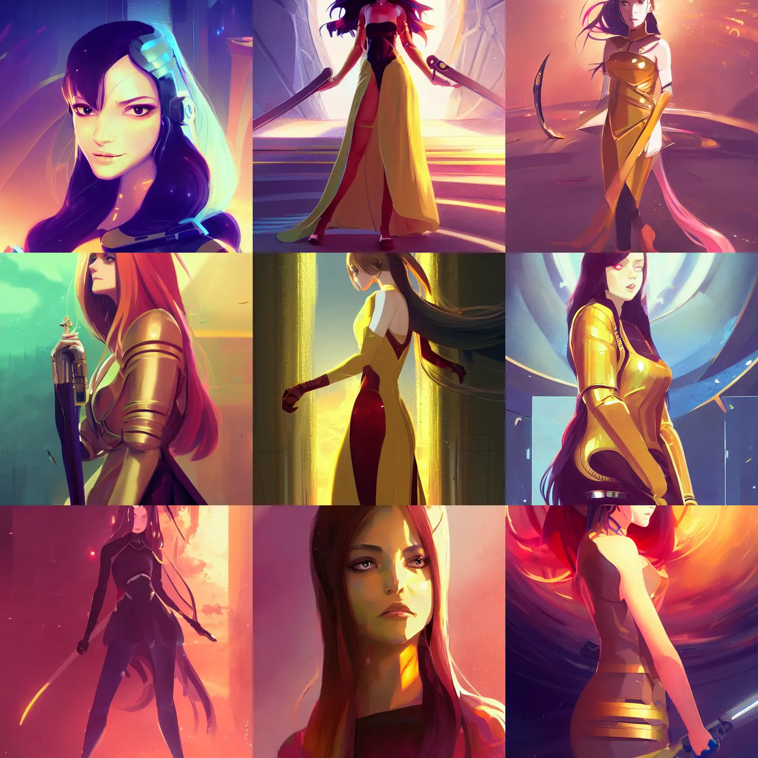 Prompt: portrait girl in futuristic luxurious golden dress holding a ceremonial sword, long curvy hair, colourful palette, pretty face, cute face, intimidating expression, red eyes, anime by greg rutkowski rossdraws makoto shinkai, adobe illustrator, trending on pixiv, behance