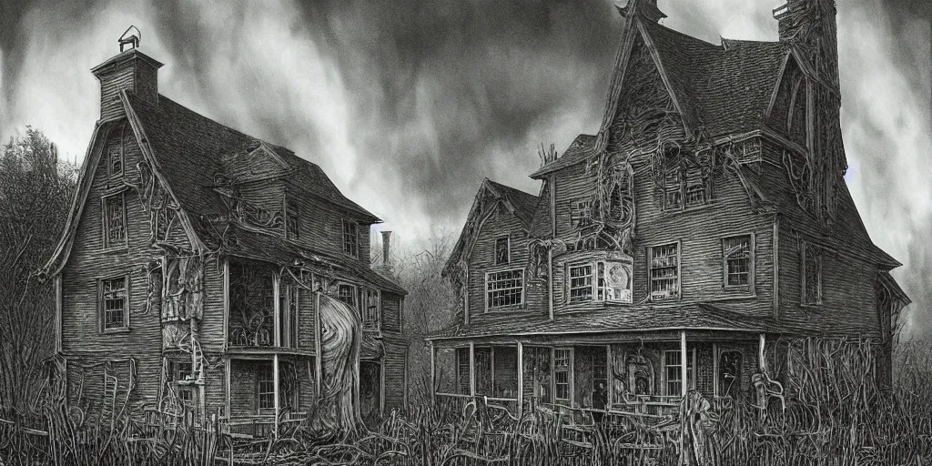 Prompt: a spooky farmhouse, 1 9 2 0 s atmosphere, rural village, cthulhu mythos, by michael whelan