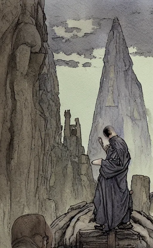 Image similar to a realistic and atmospheric watercolor fantasy concept art of giant monk with an elongated head in grey robes sitting in stonehenge. in the foreground a tiny medieval monk in grey robes is praying. in the background a ufo is in the sky. by rebecca guay, michael kaluta, charles vess