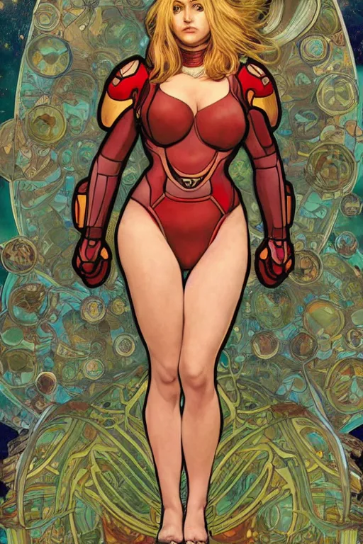 Prompt: samus aran metroid : : kate upton body : : christina hendricks : : portrait : : full body : : decadent highly - detailed digital artwork : : art by mucha and rutkowski, artstation, master prime lenses, cinematic