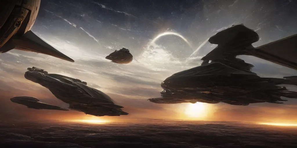 Image similar to hyper realistic sci - fi matte concept art painting of an epic cinematic shot of a starship in space with earth in the background, strong composition painted by kim jung guweta studio rutkowski, james gurney and greg rutkowski, and lucasfilm, smooth, intricate, detailed, sharp focus, cinematic