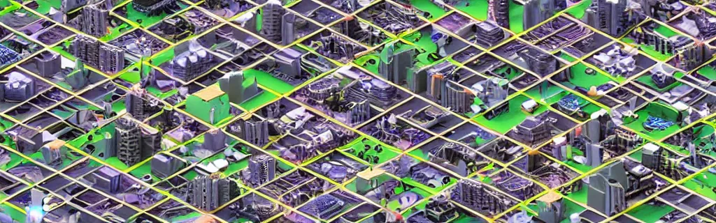 Prompt: a digital matte painting of a complex isometric architecture made of circuit boards and embedded LEDs in a busy modern city, #isometric