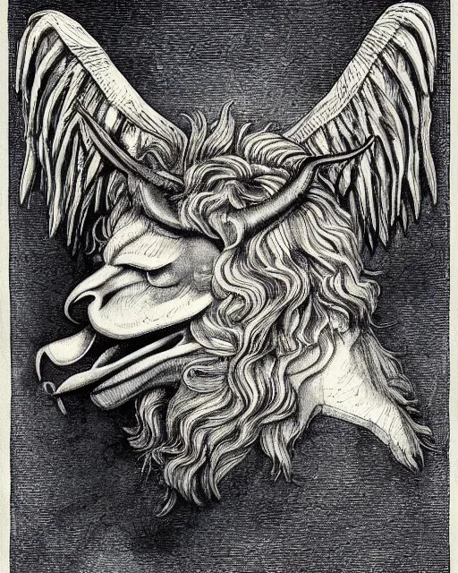 Image similar to human / eagle / lion / ox hybrid. horns, beak, mane, human body. symmetrical. drawn by da vinci