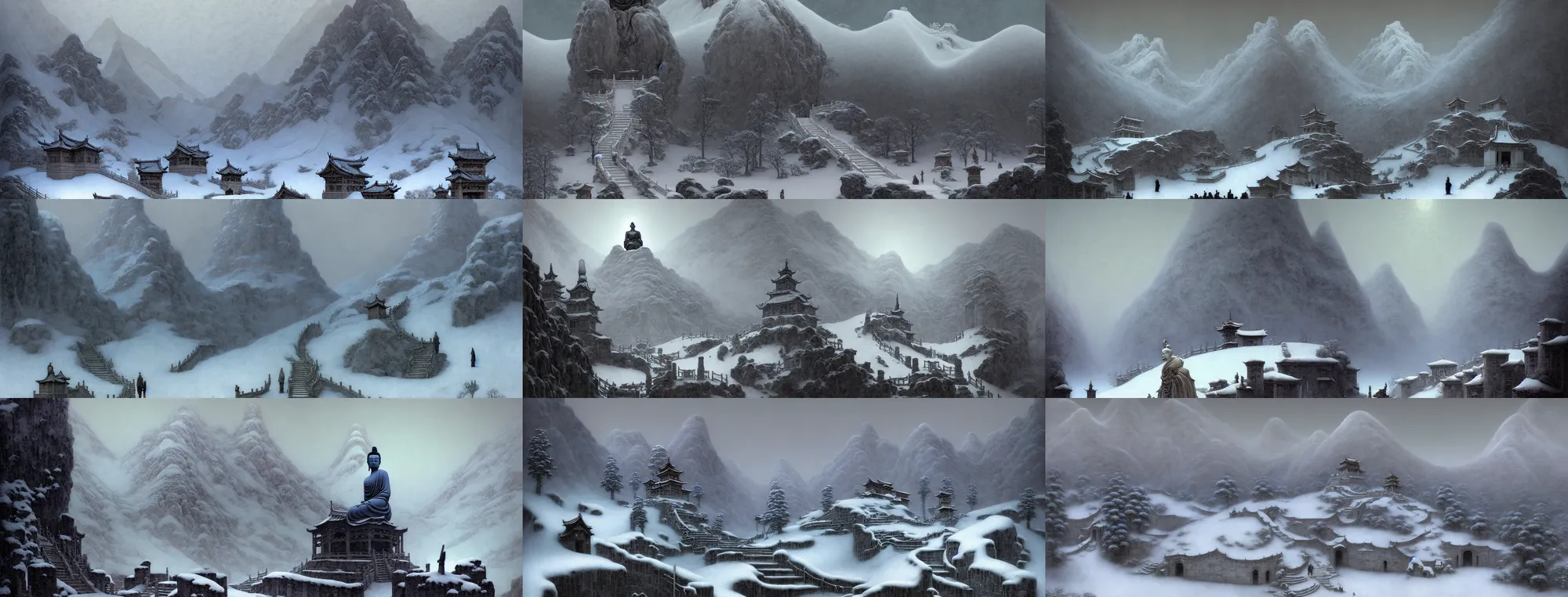 Image similar to a gorgeous bleak snowy landscape painting by barlowe wayne, maxfield parrish, gustave dore and marco mazzoni. a lonnely huge chinese buddha statue. china mountain village. grey blue and very little light verdancy. the winding stone steps. ultra clear detailed. 3 d, octane render. turbulent blood lake.