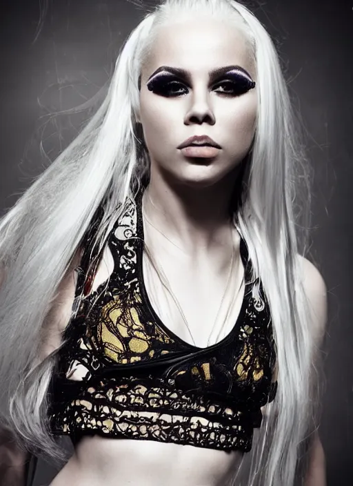 Image similar to kerli koiv in mini skirt and crop top tank top, platform boots, beautiful face, intricate, extremely detailed, modeling photography, 8 0 mm camera, dramatic lighting, dark room, body and face, golden ratio, rule of 3 rds, well proportioned