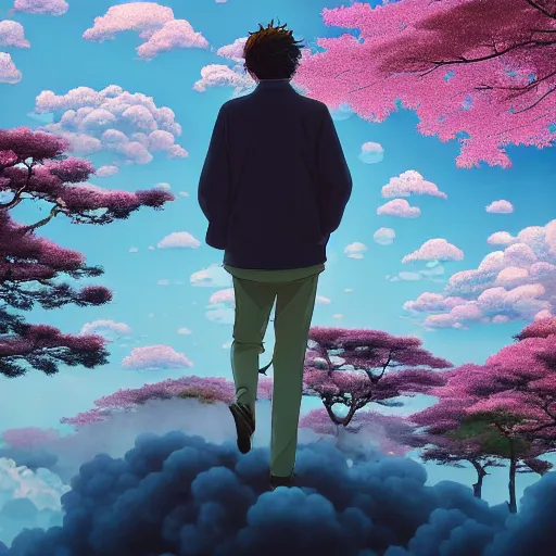 Image similar to a man walking on clouds away from the camera above kyoto by takashi murakami, beeple and james jean, aya takano color style, 4 k, super detailed, modern, 4 k, symmetrical