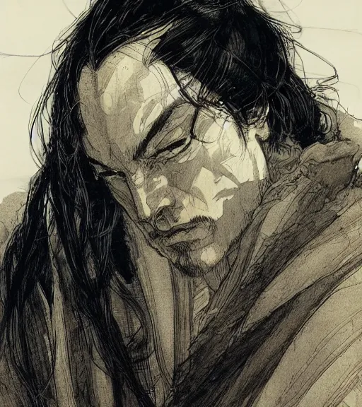 Image similar to portrait of anime man with long dark hair wearing a dark robe, pen and ink, intricate line drawings, by craig mullins, ruan jia, kentaro miura, greg rutkowski, loundraw