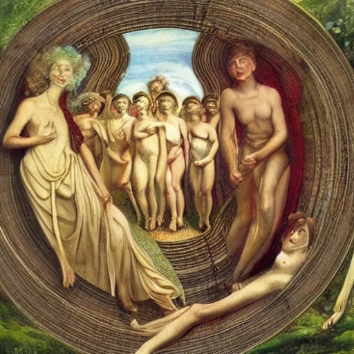 Prompt: angels in a spiral against the sky in the style of Richard Dadd painting