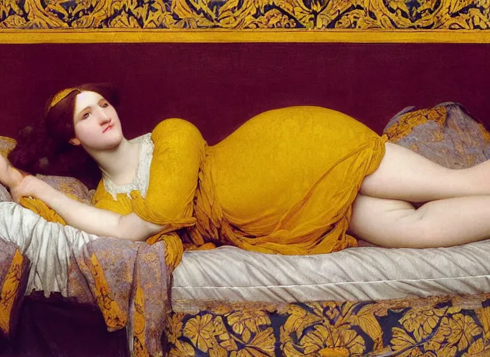 Image similar to portrait of lady reclining on bed, wearing yellow ochre ornate medieval dress, preraphaelite colour photography by frederic leighton, william morris, 8 k