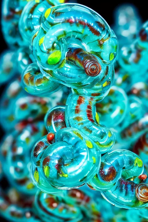 Prompt: high quality macro photo mecha gelatinous worms! gorgeous highly detailed hannah yata elson peter cinematic turquoise lighting high quality low angle hd 8k sharp shallow depth of field