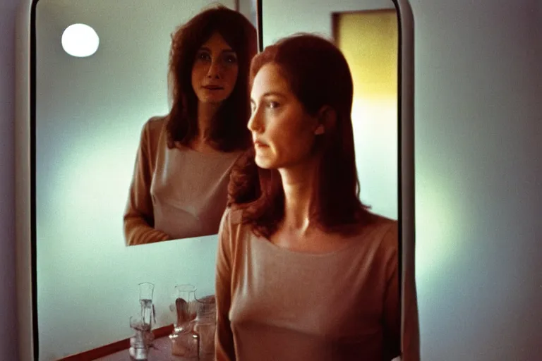 Image similar to close-up color film photography 1970s, woman standing near mirror, soft light, 35mm, film photo, Joel Meyerowitz