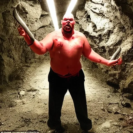 Image similar to big butcher man posing scarily, scary angry pose, fresh kill, bloody, cleaver, earie setting, in a dark cave, horror, hyperdetailed