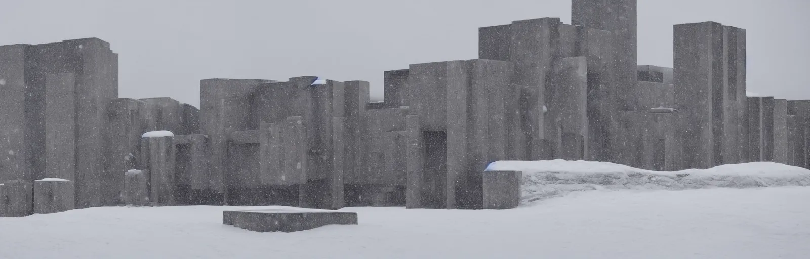 Image similar to snow falling on brutalist monastery, the monastery is on top of a black snowy mountain, the concrete monastery has walkways, skybridges, stairways, white marble statues on pedestals in the background, depth of field, sharp focus, clear focus, beautiful, award winning architecture, hopeful, quiet, calm, serene