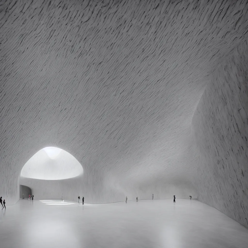 Image similar to minimal cavernous art gallery skate church designed by Tadao Ando, Salvador Dalí, Gaudi, Zaha Hadid, Dieter Rams, large marble slab walls, wet reflective tile floor, sweeping ceiling, natural lighting, architecture photography, mood lighting 8K 4K HDR