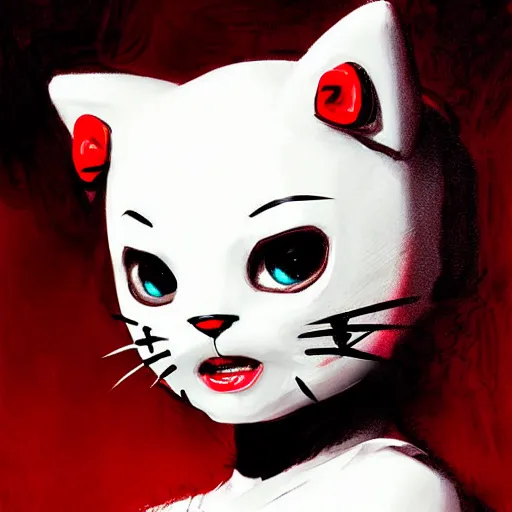Image similar to Facial portrait. horrorversion version of Hello_Kitty!!, looking at the camera, slight evil smile. fear inspiring mood, intimidating, extremely detailed painting. by Greg Rutkowski and by Henry Justice Ford and by Steve Henderson.