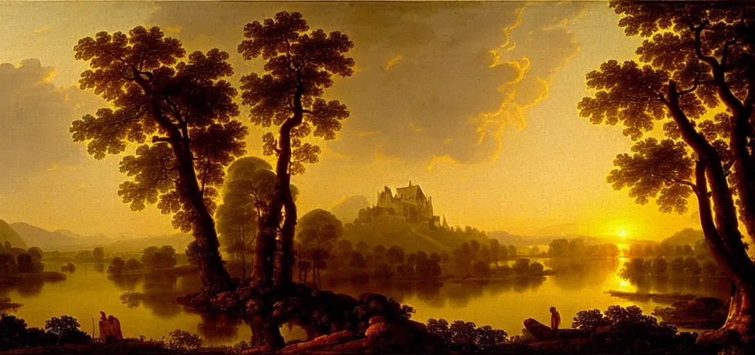 Image similar to a forest with diamond trees at sunset there is golden castle off in the distance, highly detailed landscape painting by claude lorrain, golden hour, misty ominous atmosphere