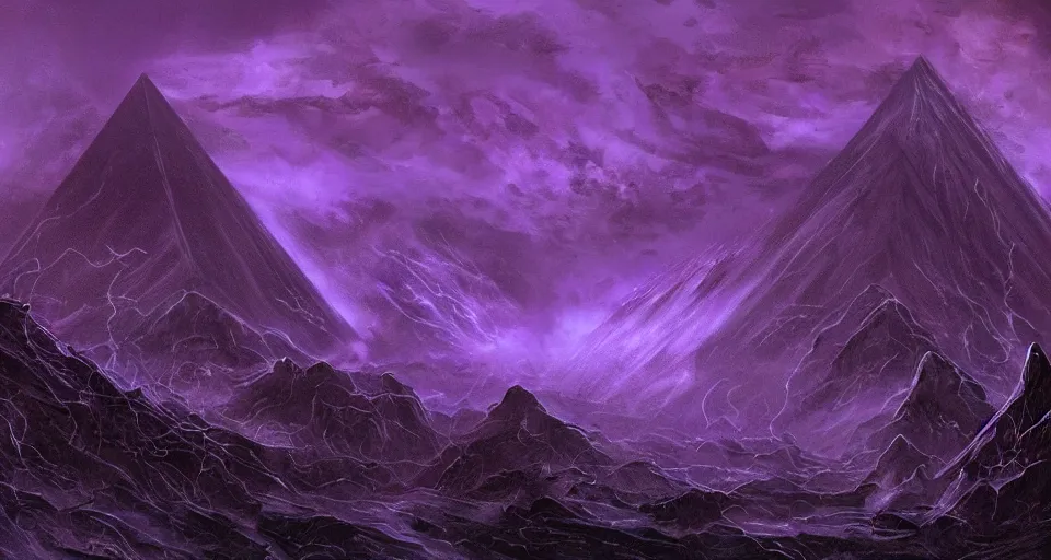 Image similar to black lovecraftian eldritch!! obsidian pyramid!! purple light beams on a snowy mountain, being found by explorers, snowy, windy, by eugene von guerard, ivan shishkin, night, red lightning!!, storm!, dramatic lighting, concept art, trending on artstation, 8 k