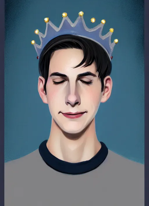 Image similar to portrait of teenage jughead jones wearing a light grey crown, crown, blue turtleneck, closed eyes, eyes closed, smile, crown, black hair, intricate, elegant, glowing lights, warm lighting, highly detailed, digital painting, artstation, concept art, smooth, sharp focus, illustration, art by wlop, mars ravelo and greg rutkowski