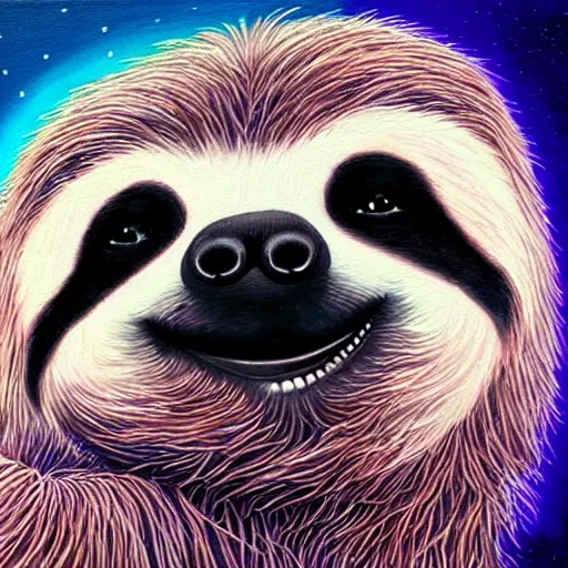 Prompt: luminescent colorful detailed airbrush painting of cute fluffy sloth