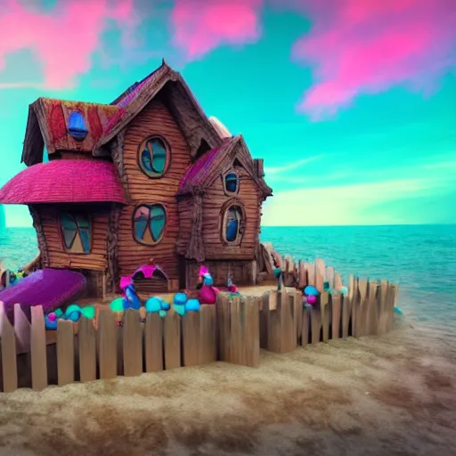 Image similar to a witches house made out of candy, on the ocean, epic scene, fantasy, redshift render, cgi, hyper - detailed, photo - bash, 8 k post - production, masterpiece