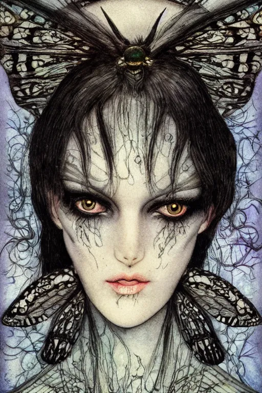 Image similar to dark fairy face closeup surrounded circular frame of moth wings, art by luis royo and walter crane and kay nielsen, watercolor illustration, ultra sharp focus