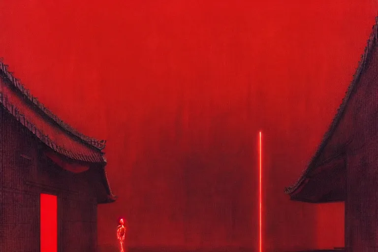 Image similar to only with red, a red cyborg samurai, tokio futuristic in background, some evil yokai fight, in the style of beksinski, parts by edward hopper, parts by rodcenko, parts by yue minjun, intricate and epic composition, red by caravaggio, insanely quality, highly detailed, masterpiece, red light, artstation, 4 k