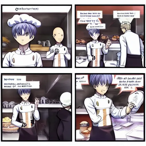 Image similar to one punch man dressed as a baker, in a bakery kitchen, baking french baguette, instagram post, detailed manga style