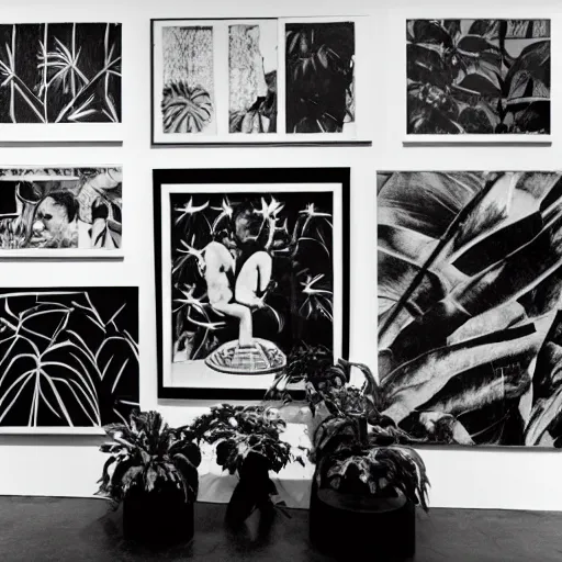 Prompt: A black and white photography in serigraphy of an exhibition space with works of Sun Ra, Marcel Duchamp and tropical plants, 60s, Modern Art