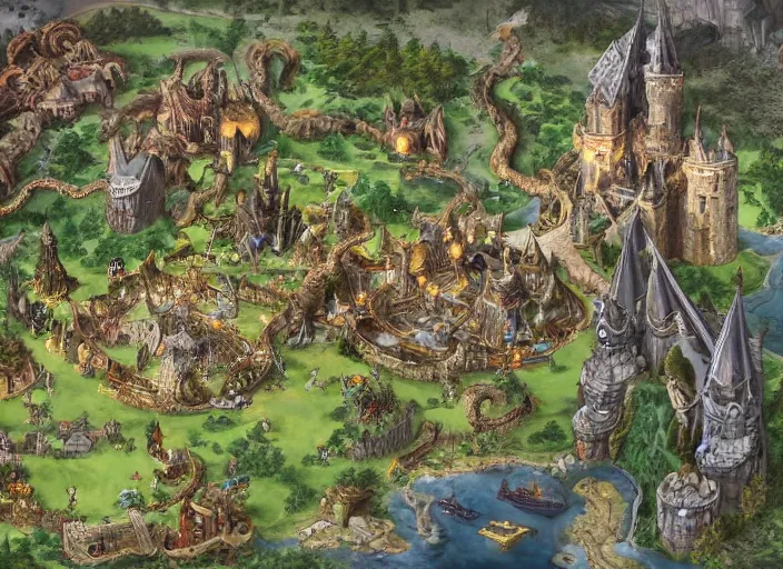 Image similar to close overhead view of a medieval fantasy theme park with knights and dragons,