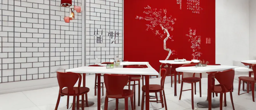 Image similar to a beautiful simple interior render of small roasted string hotpot restaurant restaurant yan'an, wall corner, from china, red paper wall and white tile floor, rectangle white porcelain table, fine simple delicate structure, chinese style, simple composition, simple style structure decoration design, victo ngai, 4 k hd