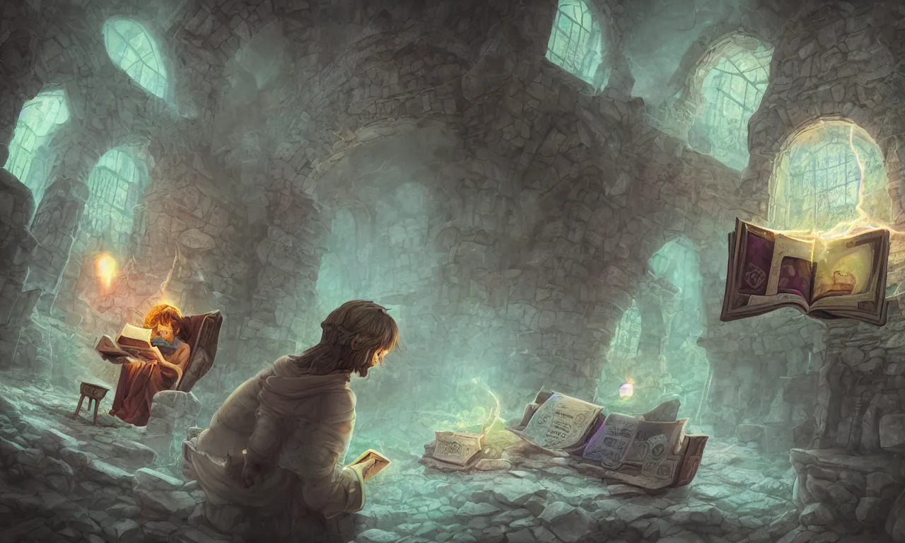 Prompt: kerberos realm, faked ticket close up, wizard reading a directory, nordic pastel colors, abandoned ruins, 3 d art, digital illustration, perfect lighting