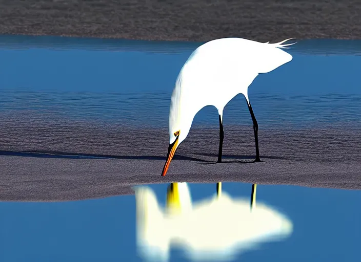 Image similar to an extremely detailed masterpiece photorealistic of a snowy egret hunting food along the shoreline with reflection, in the style of hiromi gibbs, digital art, unreal engine, volumetric lighting, dark moody lighting, epic scene