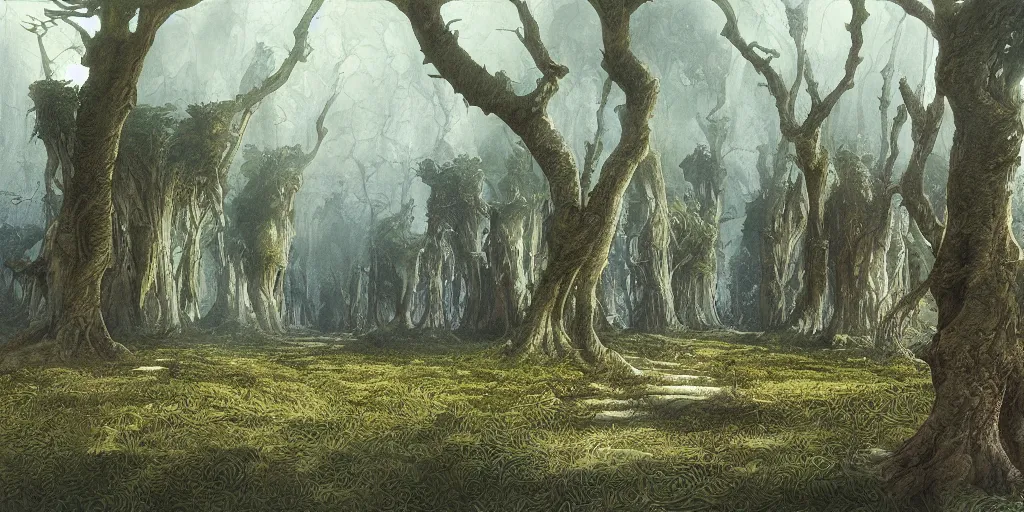 Prompt: Artwork by John Howe of the cinematic view of The Wood of Mirage, a Forest, within which can be found a mucid manor.