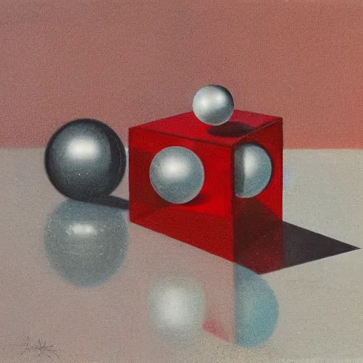 Prompt: chrome spheres on a red cube by joseph karl stieler