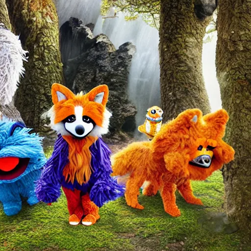 Image similar to a chibi foxfolk muppet druid wearing a hooded cloak with a small herd of random muppet animals following behind, sesame street, photograph, photography, ultrarealistic, national geographic