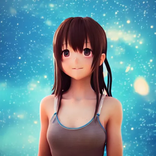 Prompt: Render of a very beautiful 3d anime girl, long hair, hazel eyes, cute freckles, full round face, short smile, cute sundress, golden hour, space setting, medium shot, mid-shot, highly detailed, trending on Artstation, Unreal Engine 4k