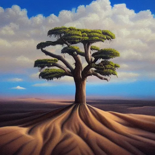 Prompt: a painting of a tree in the desert, an airbrush painting by breyten breytenbach, cgsociety, neo - primitivism, dystopian art, apocalypse landscape!!