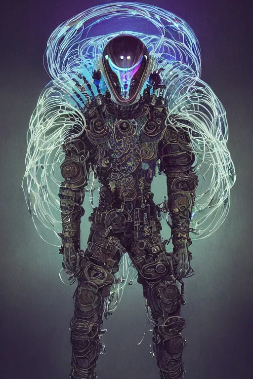 Prompt: portrait of an angelic male with intricate body armor made of bioluminescence wires by joe fenton and anato finnstark, arstation and beeple highly, feathers, shimmer detailed, cinematic lighting, octane render, unreal engine lumen, very coherent. cinematic, hyperrealism, high detail, octane render, 8 k