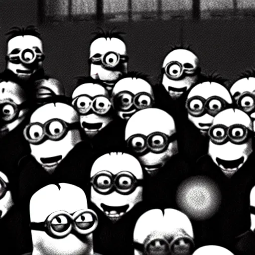 Image similar to The minions minions minions at the Nuremberg trials, monochrome, very low contrast, noise