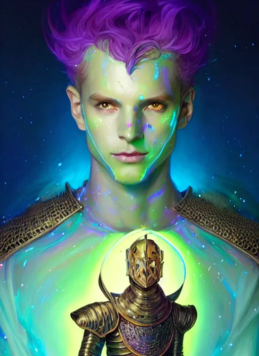 Image similar to a male knight faceless glowing liquefied stardust adventurer, dnd fantasy character, full body portrait, glowing neon skin, magical aura, ultra realistic, intricate, elegant, highly detailed, digital painting, artstation, smooth, sharp, focus, illustration, art by artgerm and greg rutkowski and alphonse mucha and dan mumford, sacred geometry