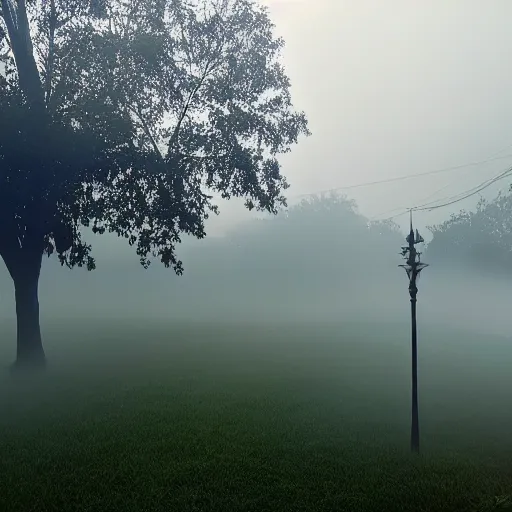 Image similar to poor neighborhood, overgrown, photo taken from a porch, fog rolling along the ground, ethereal, police lights shining off camera
