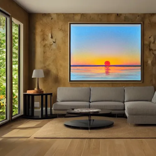 Prompt: living room at sunset, from an ants point of view, digital art